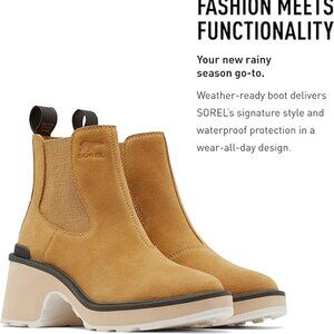 New Sorel Hi-Line Heel Chelsea Suede waterproof Boot 9.5 NWOT Geo tan Yellow/Jet